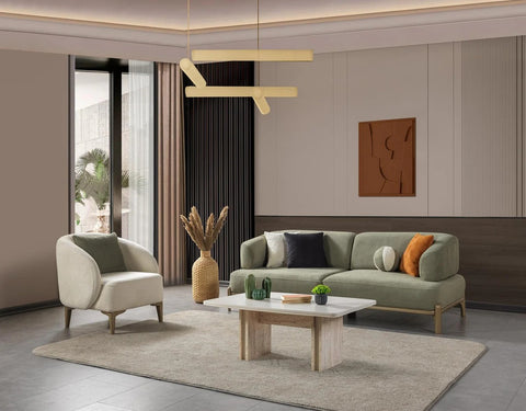 Modern living room featuring Torino Berjer chair with stylish sofa, coffee table, and contemporary decor.